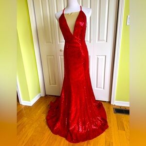 Special Occasions Red Sequence Open Back Long Dress Small EUC